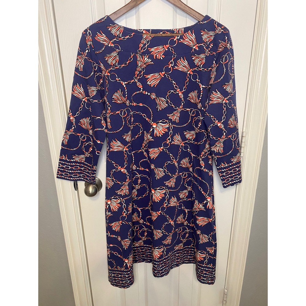 Barbara Gerwit Navy Coral Tassel Chain Print Shift Dress‎ Large Boat Neck